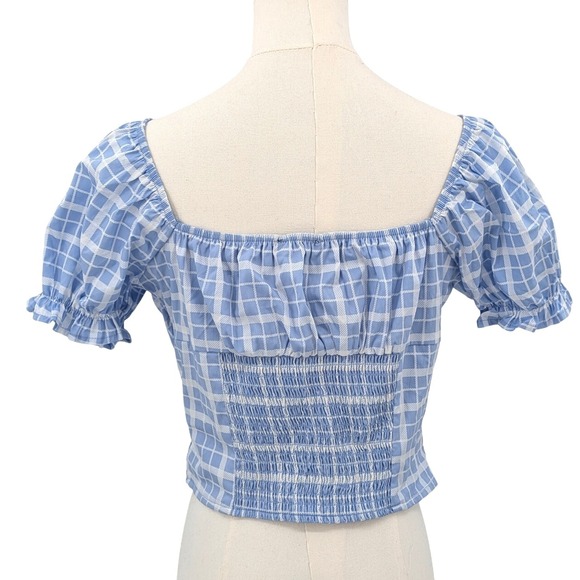 NWT Forever 21 Blue Gingham Puff Sleeve Crop Top Sz L‎ Cottagecore Coquette - Picture 3 of 10